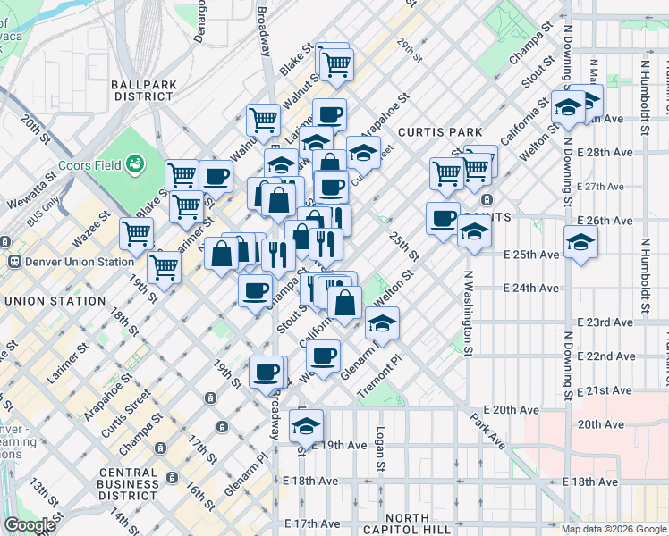 map of restaurants, bars, coffee shops, grocery stores, and more near 827 Park Avenue West in Denver