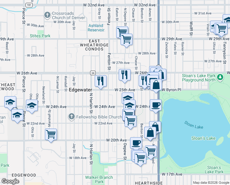 map of restaurants, bars, coffee shops, grocery stores, and more near 2493 Eaton Street in Edgewater