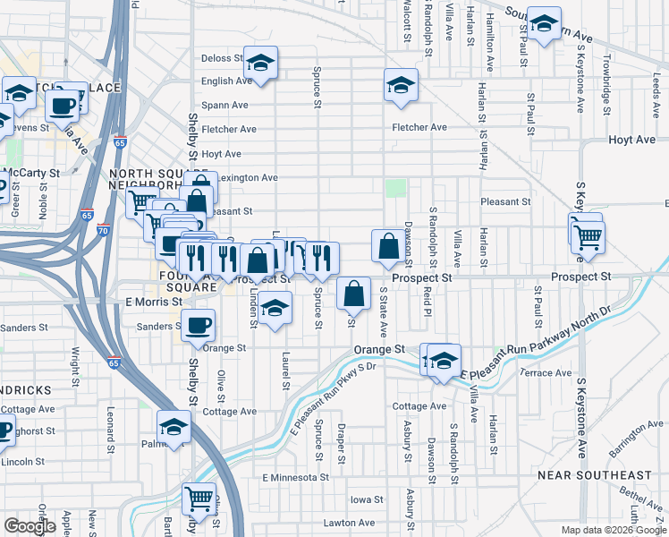 map of restaurants, bars, coffee shops, grocery stores, and more near 1518 Prospect Street in Indianapolis