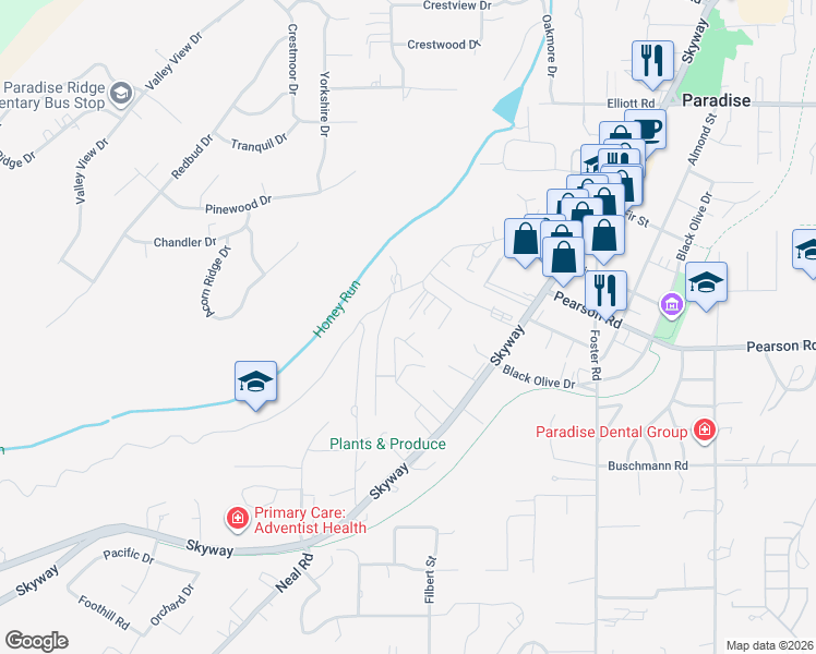 map of restaurants, bars, coffee shops, grocery stores, and more near 506 Iris Lane in Paradise