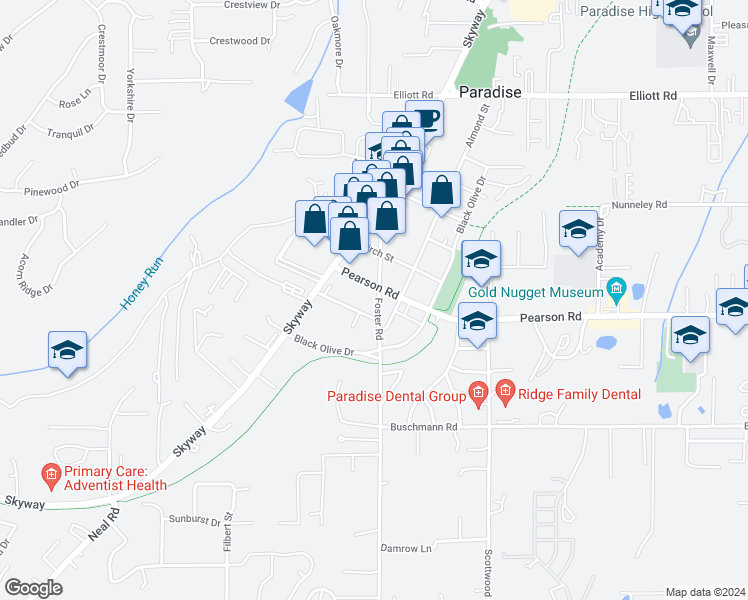 map of restaurants, bars, coffee shops, grocery stores, and more near 5863 Foster Road in Paradise