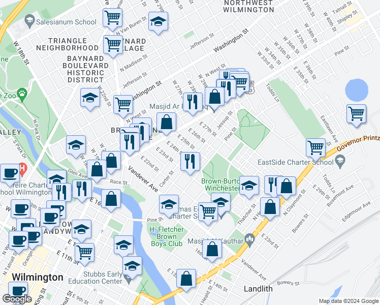 map of restaurants, bars, coffee shops, grocery stores, and more near 2406 Carter Street in Wilmington