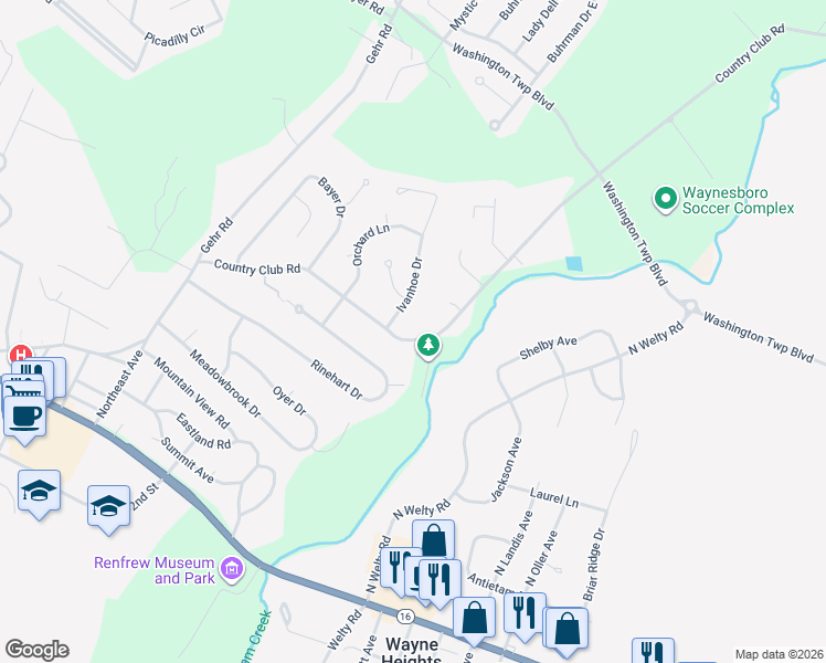 map of restaurants, bars, coffee shops, grocery stores, and more near 11891 Country Club Road in Waynesboro
