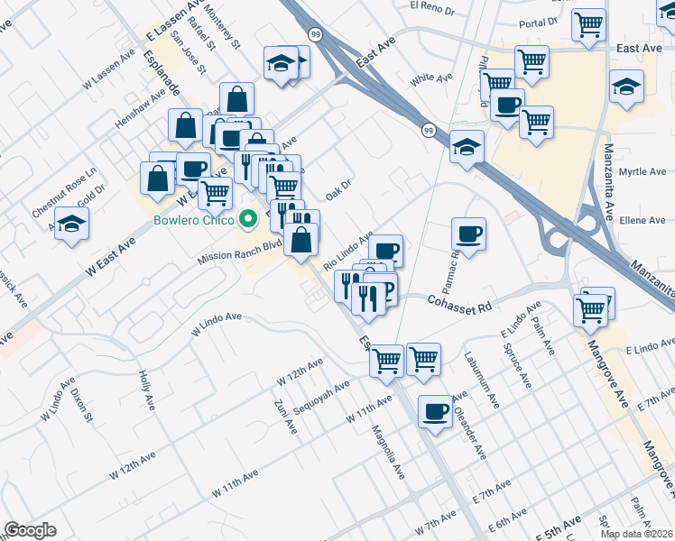 map of restaurants, bars, coffee shops, grocery stores, and more near 165 Rio Lindo Avenue in Chico