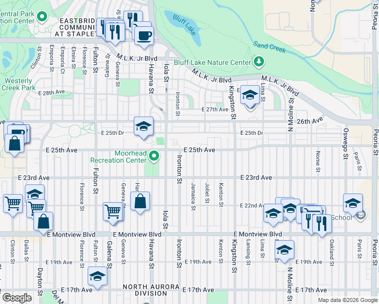 map of restaurants, bars, coffee shops, grocery stores, and more near 10805 East 25th Avenue in Aurora