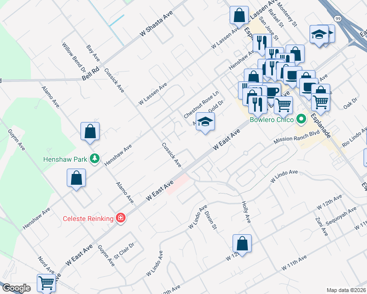 map of restaurants, bars, coffee shops, grocery stores, and more near 2 Ilahee Lane in Chico