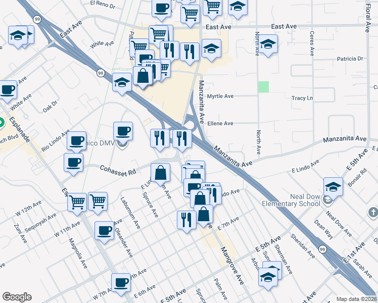 map of restaurants, bars, coffee shops, grocery stores, and more near 660 Manzanita Court in Chico