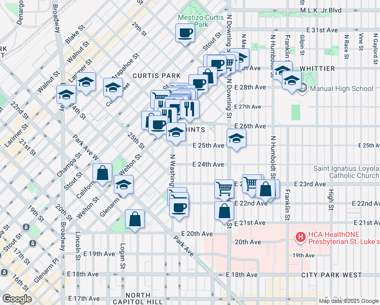 map of restaurants, bars, coffee shops, grocery stores, and more near 2438 North Clarkson street in Denver
