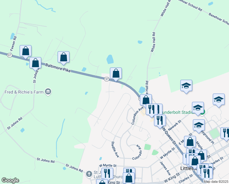 map of restaurants, bars, coffee shops, grocery stores, and more near 42 Windsor Court in Littlestown
