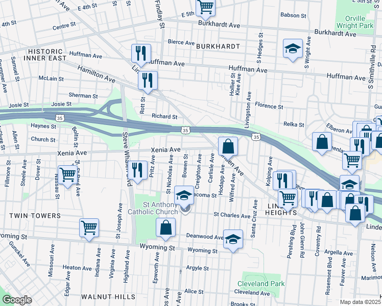 map of restaurants, bars, coffee shops, grocery stores, and more near 1630 Xenia Avenue in Dayton