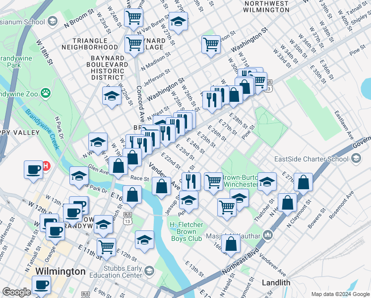 map of restaurants, bars, coffee shops, grocery stores, and more near 17 East 23rd Street in Wilmington