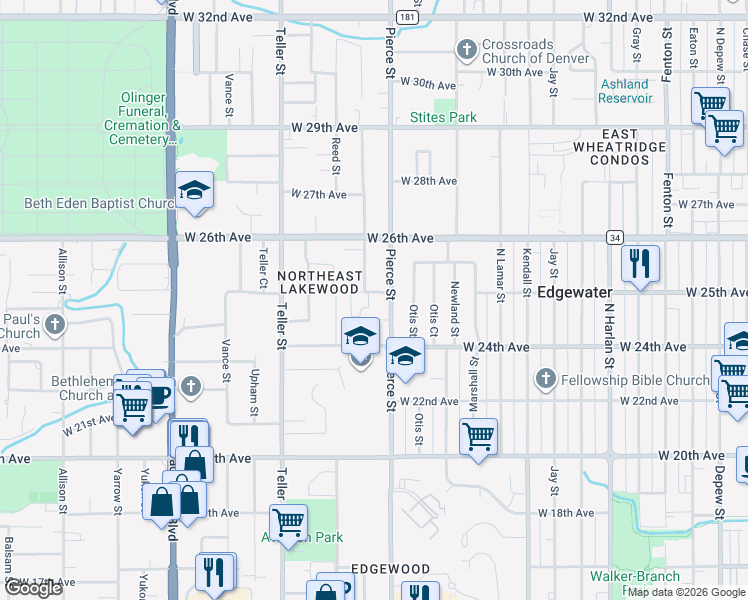 map of restaurants, bars, coffee shops, grocery stores, and more near 6840 West 25th Avenue in Edgewater