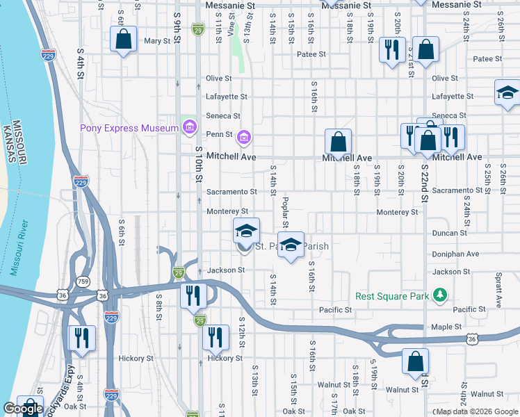 map of restaurants, bars, coffee shops, grocery stores, and more near 1524 South 13th Street in Saint Joseph
