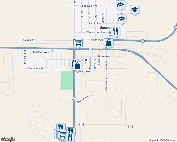 map of restaurants, bars, coffee shops, grocery stores, and more near Bennett Avenue in Bennett