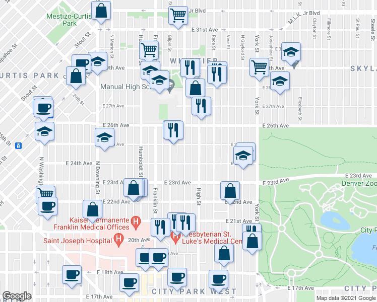 map of restaurants, bars, coffee shops, grocery stores, and more near 2448 Williams Street in Denver