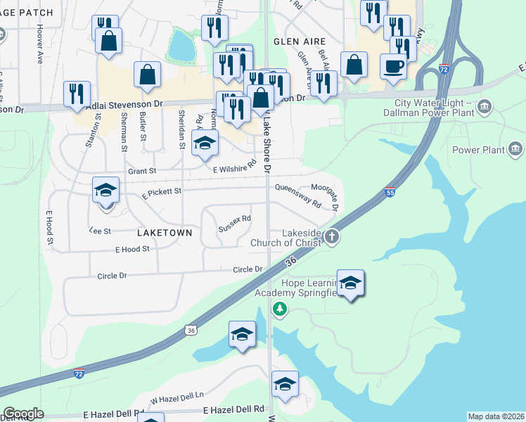 map of restaurants, bars, coffee shops, grocery stores, and more near 3500-3598 Lancaster Rd in Springfield