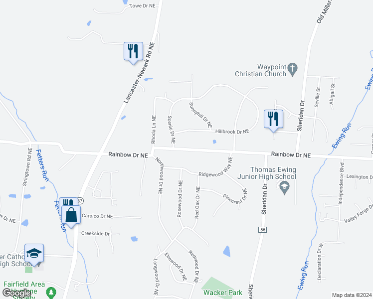 map of restaurants, bars, coffee shops, grocery stores, and more near 1152 Rainbow Drive Northeast in Lancaster