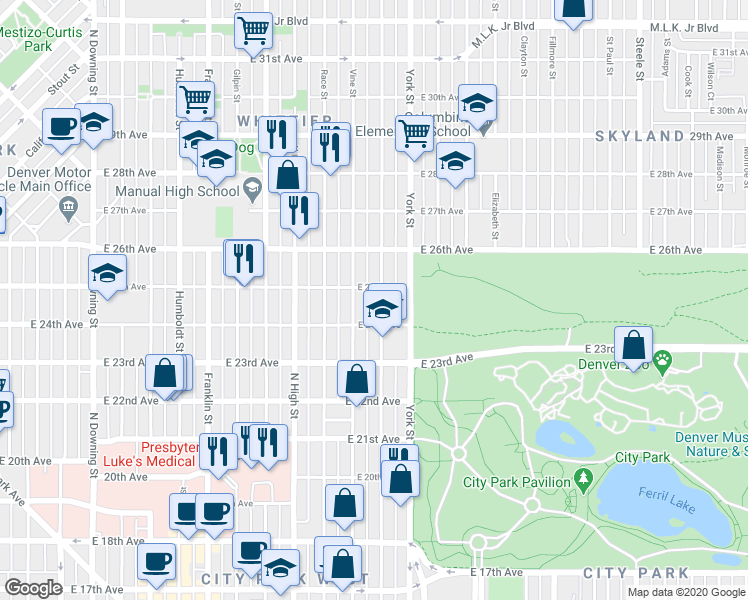 map of restaurants, bars, coffee shops, grocery stores, and more near in Denver