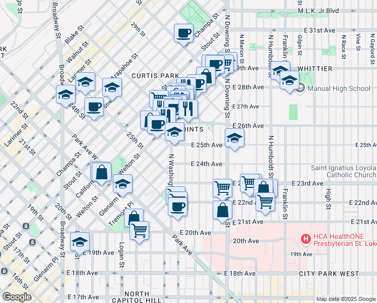map of restaurants, bars, coffee shops, grocery stores, and more near 2451 Emerson Street in Denver