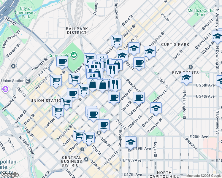 map of restaurants, bars, coffee shops, grocery stores, and more near 2101 Arapahoe Street in Denver