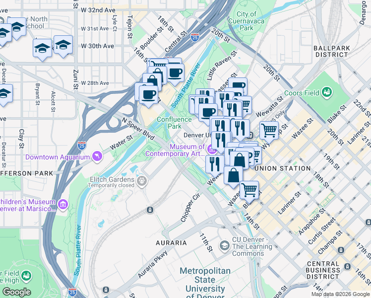 map of restaurants, bars, coffee shops, grocery stores, and more near 1450 Little Raven Street in Denver