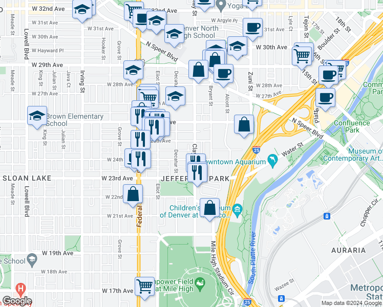 map of restaurants, bars, coffee shops, grocery stores, and more near 2721 West 24th Avenue in Denver