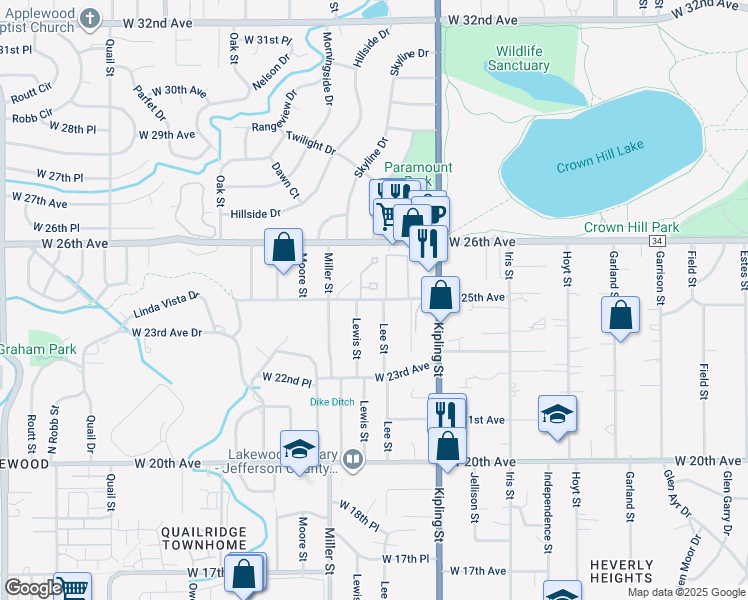map of restaurants, bars, coffee shops, grocery stores, and more near 10229 West 25th Avenue in Denver