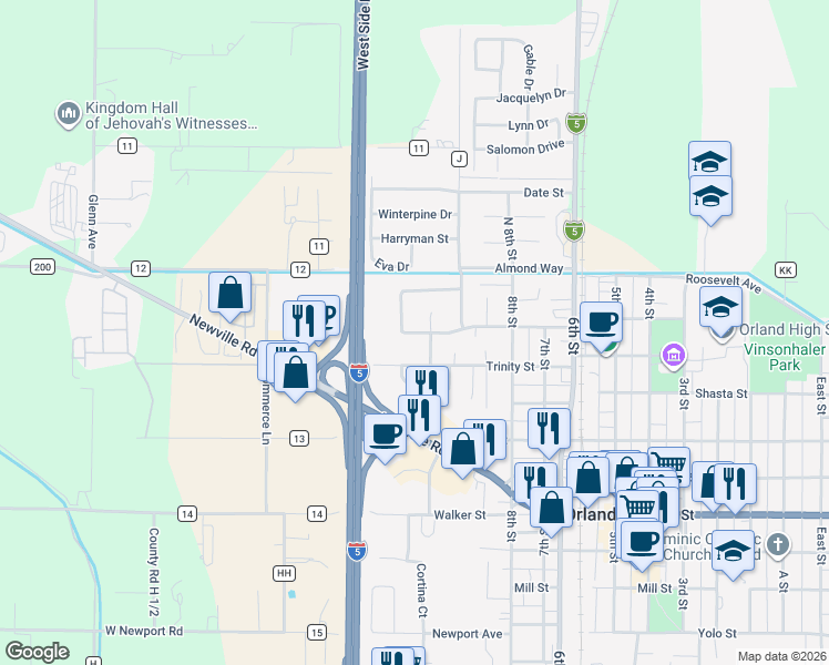 map of restaurants, bars, coffee shops, grocery stores, and more near 1019 West Monterey Street in Orland