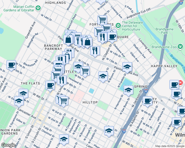 map of restaurants, bars, coffee shops, grocery stores, and more near 1615 West 10th Street in Wilmington