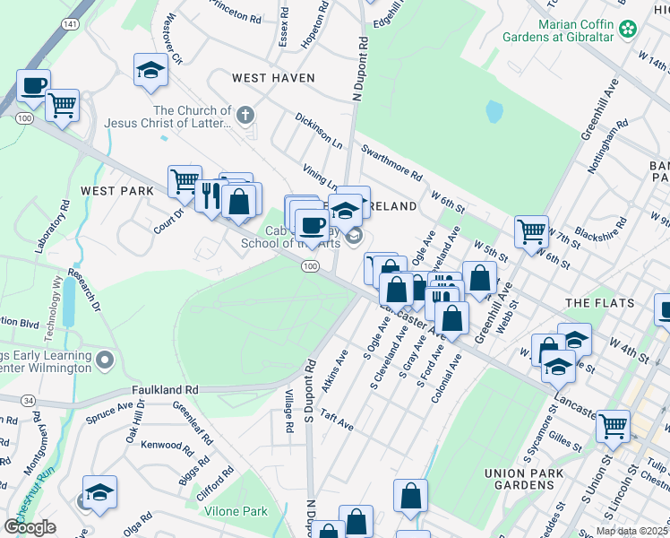 map of restaurants, bars, coffee shops, grocery stores, and more near 3408 Lancaster Avenue in Wilmington