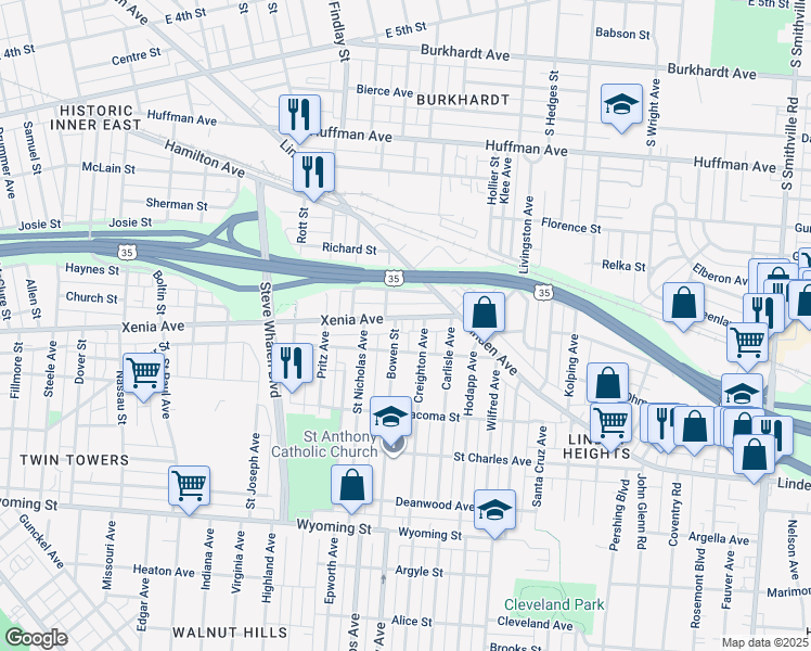 map of restaurants, bars, coffee shops, grocery stores, and more near 1630 Xenia Avenue in Dayton
