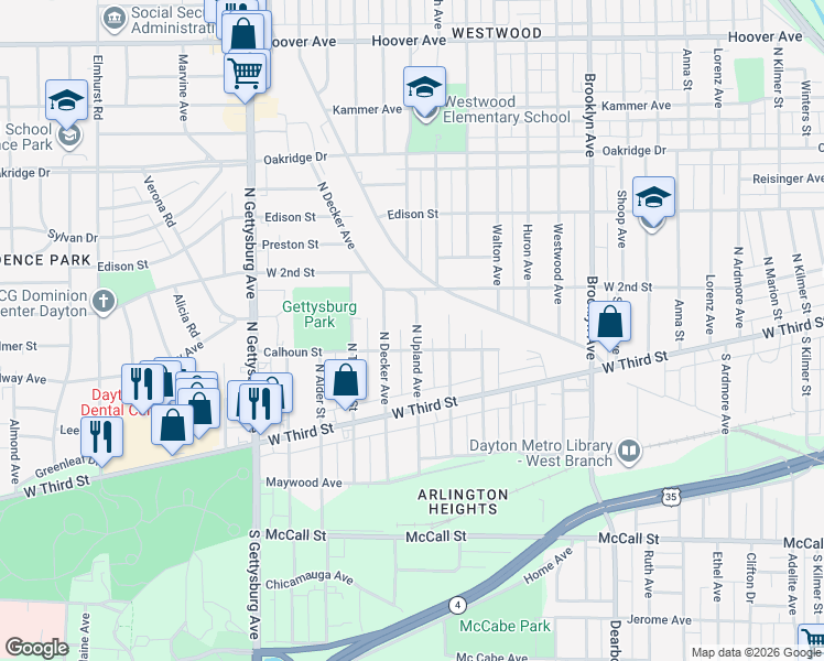 map of restaurants, bars, coffee shops, grocery stores, and more near in Dayton