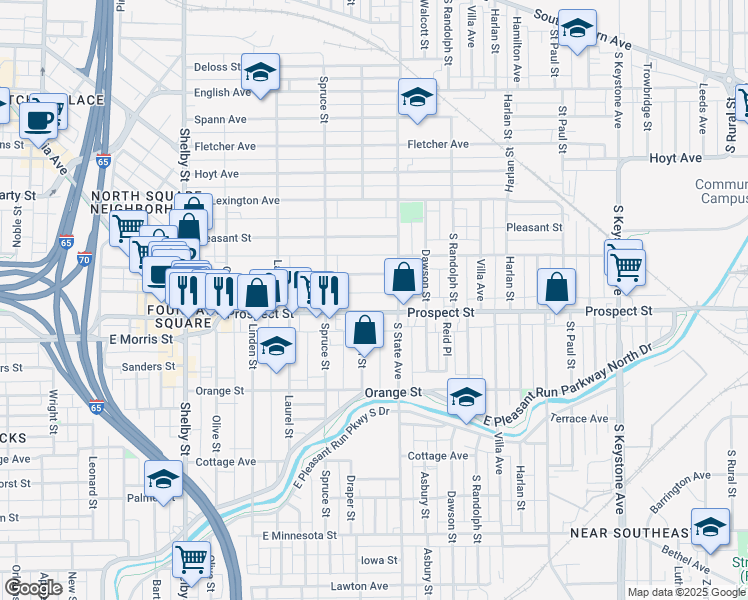 map of restaurants, bars, coffee shops, grocery stores, and more near 1619 Woodlawn Avenue in Indianapolis