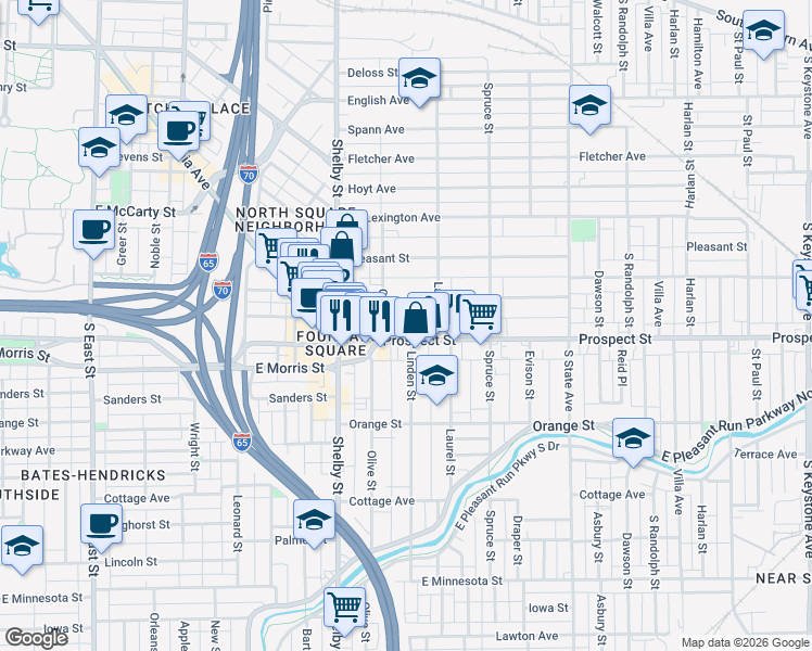 map of restaurants, bars, coffee shops, grocery stores, and more near 1226 Prospect Street in Indianapolis