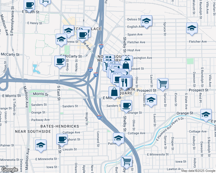 map of restaurants, bars, coffee shops, grocery stores, and more near 931 Woodlawn Avenue in Indianapolis