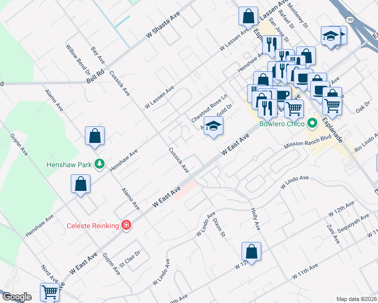 map of restaurants, bars, coffee shops, grocery stores, and more near 1 Ilahee Lane in Chico