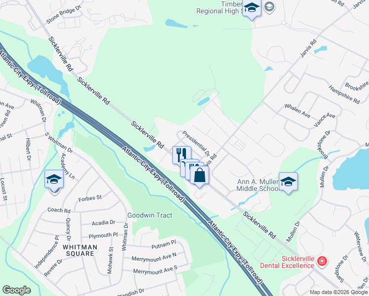 map of restaurants, bars, coffee shops, grocery stores, and more near 132 Presidential Drive in Sicklerville