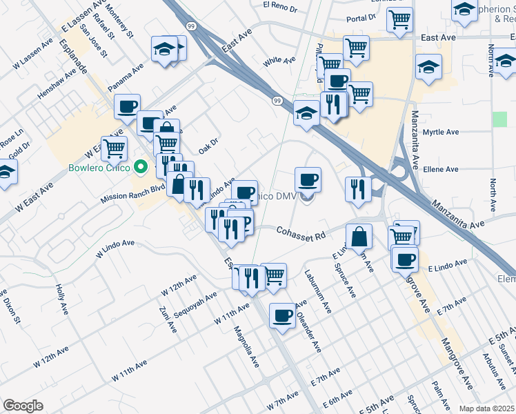 map of restaurants, bars, coffee shops, grocery stores, and more near 194 Cohasset Road in Chico