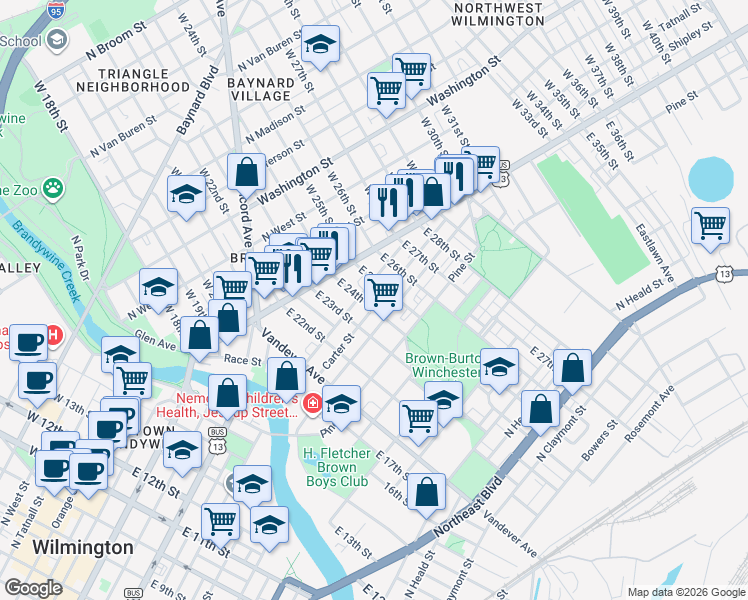 map of restaurants, bars, coffee shops, grocery stores, and more near 114 East 25th Street in Wilmington