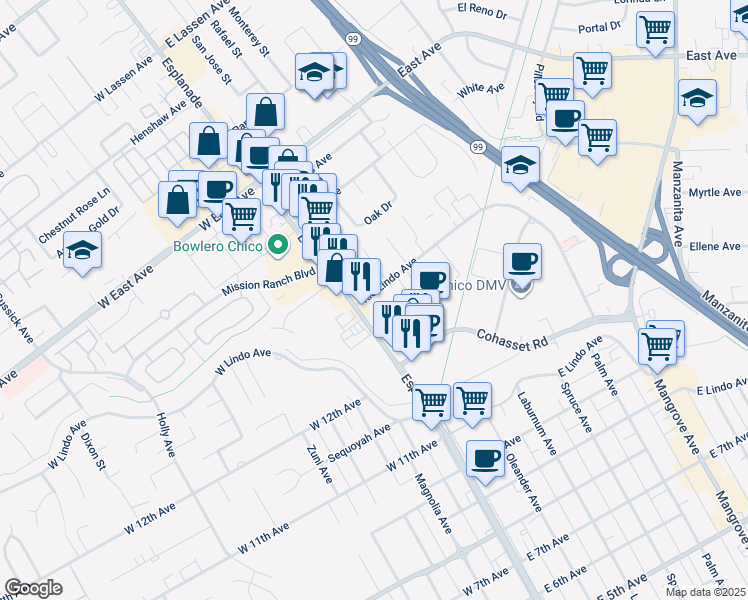 map of restaurants, bars, coffee shops, grocery stores, and more near 165 Rio Lindo Avenue in Chico