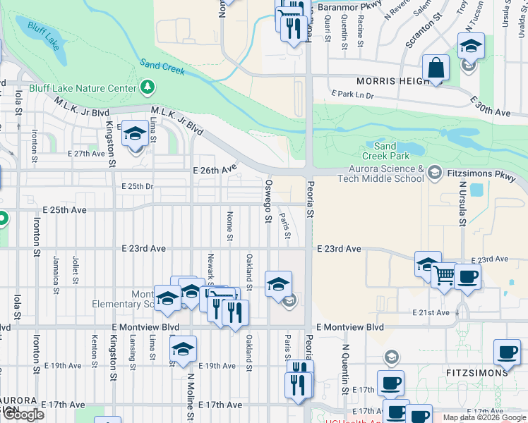 map of restaurants, bars, coffee shops, grocery stores, and more near 2381 Oswego Street in Aurora