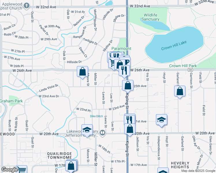 map of restaurants, bars, coffee shops, grocery stores, and more near 10211 West 25th Avenue in Denver
