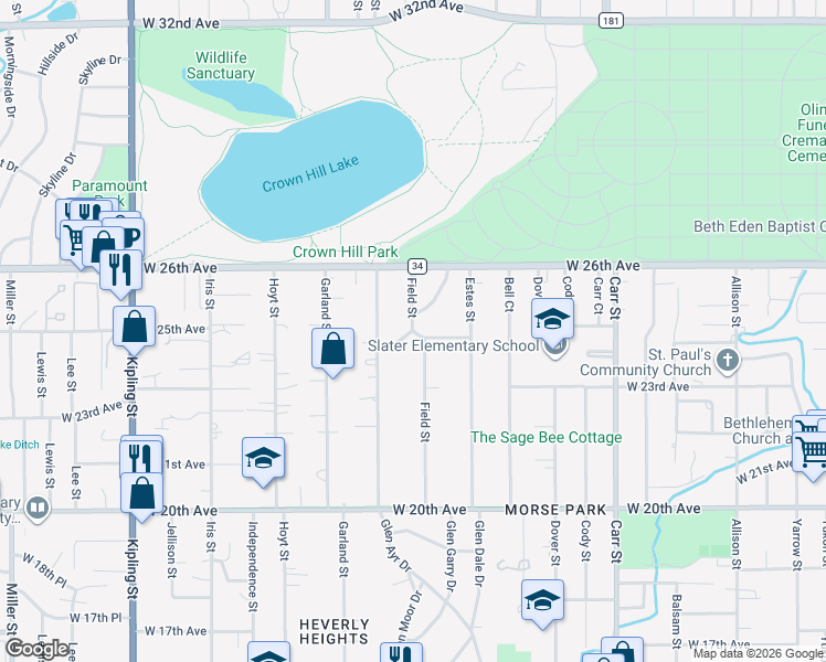 map of restaurants, bars, coffee shops, grocery stores, and more near 10165 West 24th Avenue in Lakewood