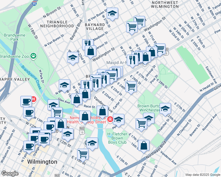 map of restaurants, bars, coffee shops, grocery stores, and more near 4 East 23rd Street in Wilmington