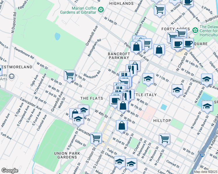 map of restaurants, bars, coffee shops, grocery stores, and more near 714 Bayard Avenue in Wilmington