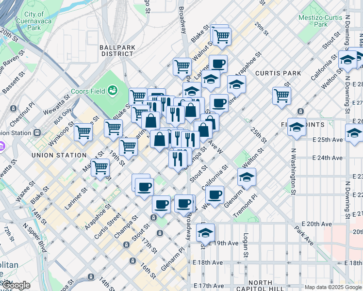 map of restaurants, bars, coffee shops, grocery stores, and more near 2165 Curtis Street in Denver