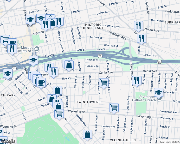 map of restaurants, bars, coffee shops, grocery stores, and more near 627 Xenia Ave in Dayton