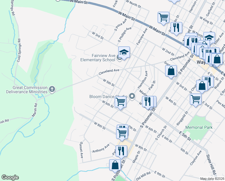 map of restaurants, bars, coffee shops, grocery stores, and more near Fairview Avenue in Waynesboro