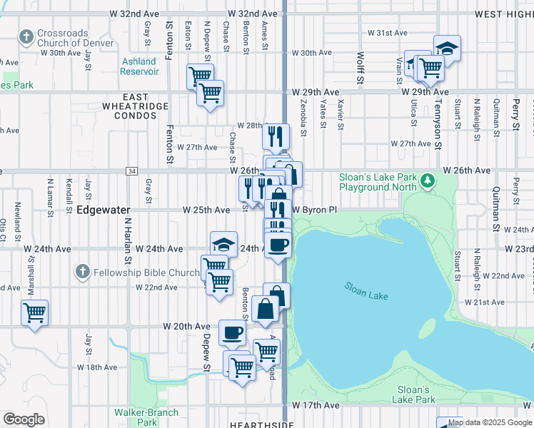 map of restaurants, bars, coffee shops, grocery stores, and more near 5222 West 25th Avenue in Edgewater