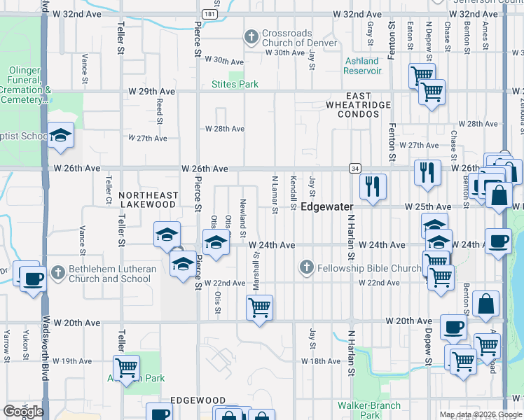 map of restaurants, bars, coffee shops, grocery stores, and more near 2495 North Lamar Street in Edgewater